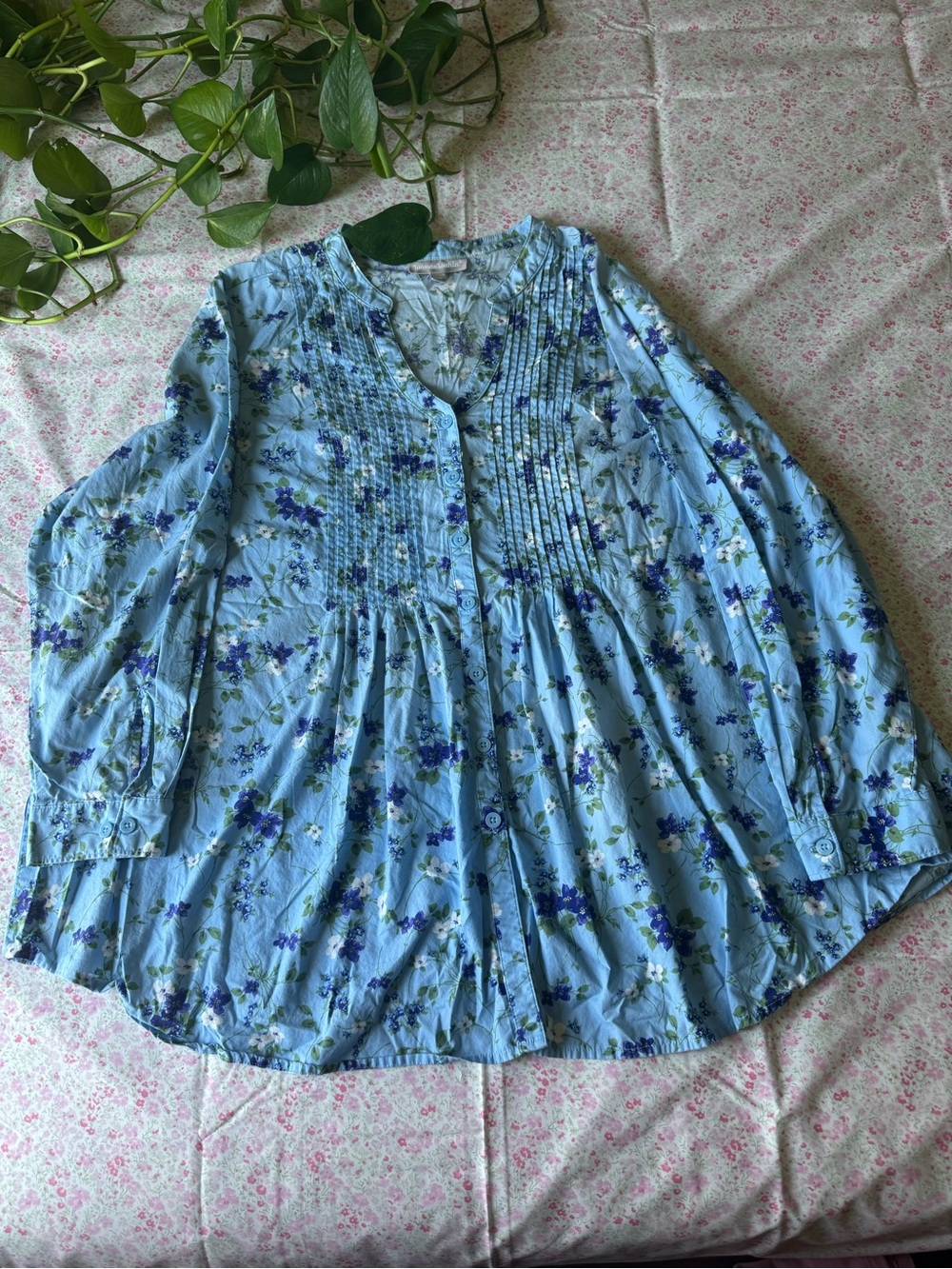 Woman Within Blue Floral Pintuck Button-Front Blouse